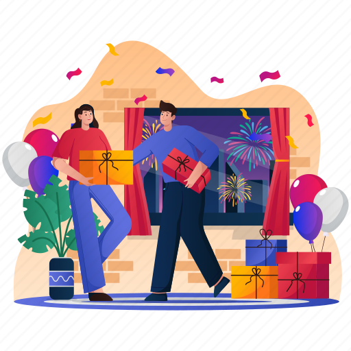Gift, new year, couple, birthday, celebration, present, party illustration - Download on Iconfinder