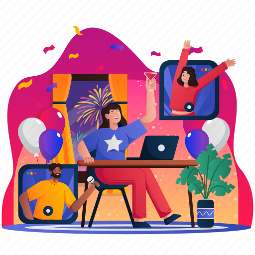 Online, new year, party, device, home, diversity, diverse illustration - Download on Iconfinder