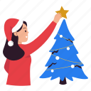 decorating, christmas tree, ornament, girl, pine, christmas, xmas, merry christmas, celebration