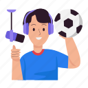 sport, football, boy, ball, microphone, podcast, streaming, recording