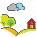 ban, bushes, clouds, countryside, hillside, house, outdoor