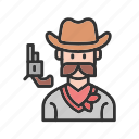 cowboy with gun, man, hat, pistol, bullet, handgun, army, war