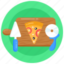 pizza rolling, pizza cutting, pizza serving, pizza, food