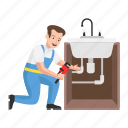 plumber, repairing, maintaining, wash basin, pipe wrench, washstand