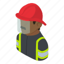 african, american, emergency, firefighter, isometric, man, object