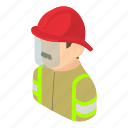 emergency, firefighter, helmet, isometric, man, object, protection