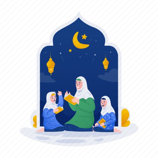 Ramadan, children, learning, reading, quran, islamic, muslim illustration - Download on Iconfinder