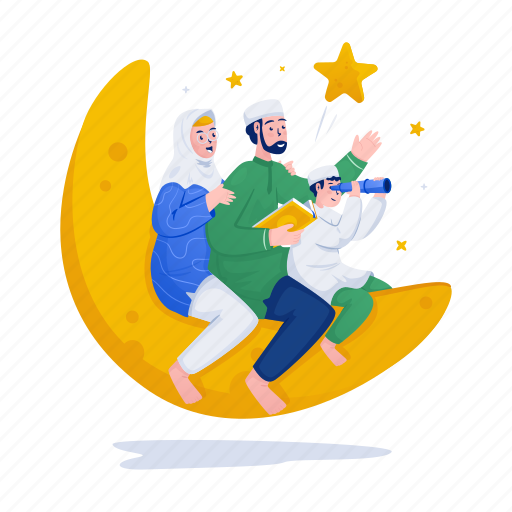 Muslim, family, crescent, welcome, ramadan, mubarak, celebration illustration - Download on Iconfinder