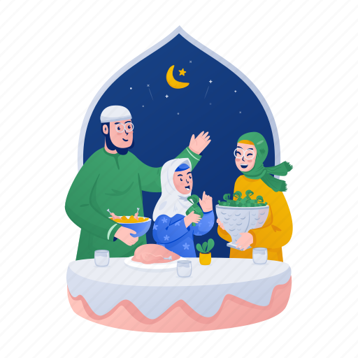 Iftar, ketupat, eid, mubarak, islamic, muslim, family illustration - Download on Iconfinder
