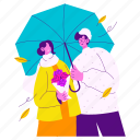 couple enjoying autumn under the umbrella, dating, flower, special, umbrella, romantic, autumn, season, leaves