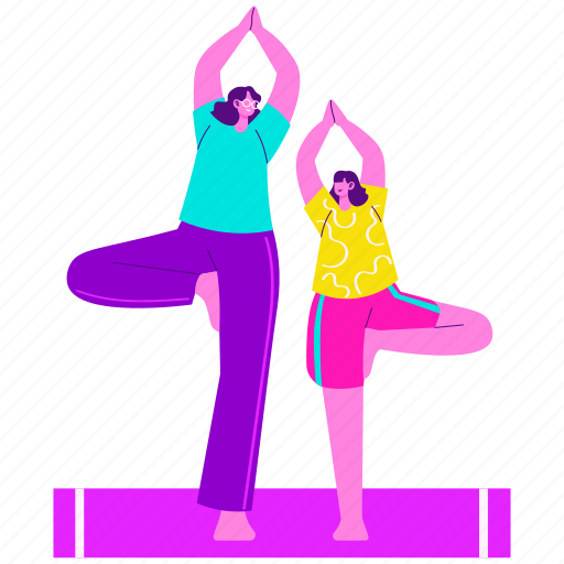Mom and child doing yoga, tree pose, vrksasana, balance, vrikshasana, yoga mat, yoga illustration - Download on Iconfinder