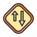 priority oncomming, two arrows, road sign, up, down