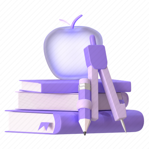 Knowledge, books, apple fruit, compass, pencil, education, school 3D illustration - Download on Iconfinder