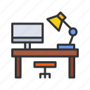 study desk, table, workplace, working station, computer table, desk lamp, office lamp, table lamp