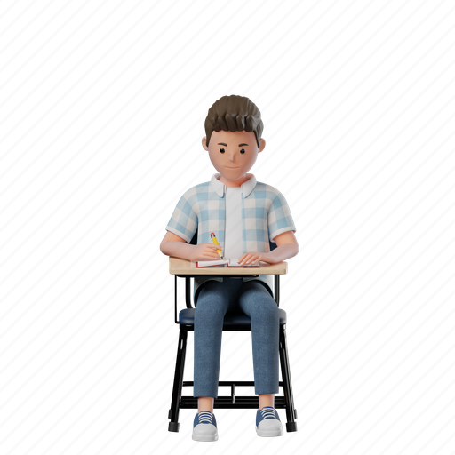 Chair, writing, boy, pose, mood, expression, person 3D illustration - Download on Iconfinder