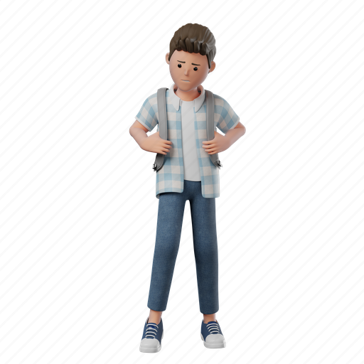 Standing, shy, holding, backpack, boy, pose, mood 3D illustration - Download on Iconfinder