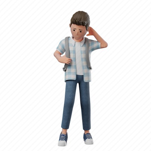 Standing, shy, backpack, boy, pose, person, mood 3D illustration - Download on Iconfinder