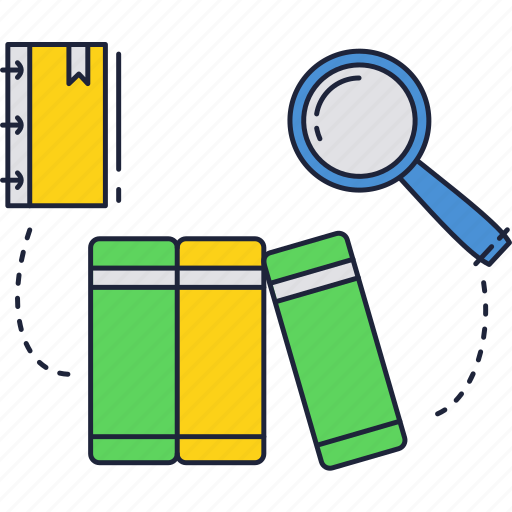 Books, education, files, line, magnifier, school, thin icon - Download on Iconfinder