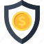 coin, dollar, insurance, money, security, shield, strategy 