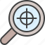 aim, bullseye, glass, goal, magnifying, search, target 