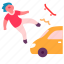 skateboard, sport, extreme, car, accident, danger