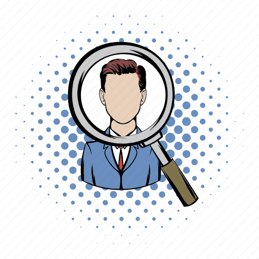 Comics, employment, glass, human, job, magnifying, selection icon - Download on Iconfinder