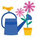 wateringcan, water, gardening, flower, floral, bird