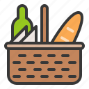 basket, beverage, bread, food, spring, picnic, picnic basket