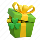 gift, box, coin, clover, holiday, illustration, 3d cartoon, isolated, st patricks day 
