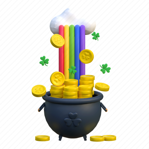Cauldron, coin, rainbow, holiday, illustration, 3d cartoon, isolated 3D illustration - Download on Iconfinder