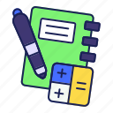 calculator, document, pen, stationary, student
