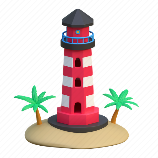 Lighthouse, summer, beach, holiday, illustration, building, ship 3D illustration - Download on Iconfinder