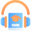 audio course, book, sound, headphone, mortarboard, e-learning, education, study, online course