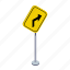 arrow, road, speed, traffic sign, transportation, turn, warning 