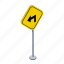 arrow, left, road, traffic sign, transportation, turn, warning 