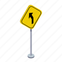 arrow, left, road, traffic sign, transportation, turn, warning