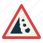 falling, rocks, signaling, road, sign, notice, traffic sign 