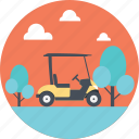 golf cart, golf course, grass field, playing golf, vehicle
