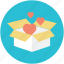 cardboard box, freight, gift, hearts flying, opened box 