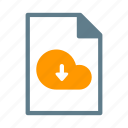 arrow, cloud, document, download, file, text