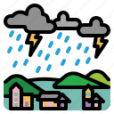weather, storm, village, valley, house, rain, thunder 