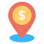 bank location, business point, cryptocurrency sign, dollar coin pointer, money location 