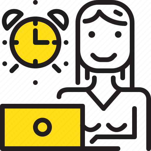 Alarm, clock, computer, time, woman, worker, yellow icon - Download on Iconfinder