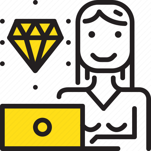 Computer, diamond, woman, worker, yellow icon - Download on Iconfinder