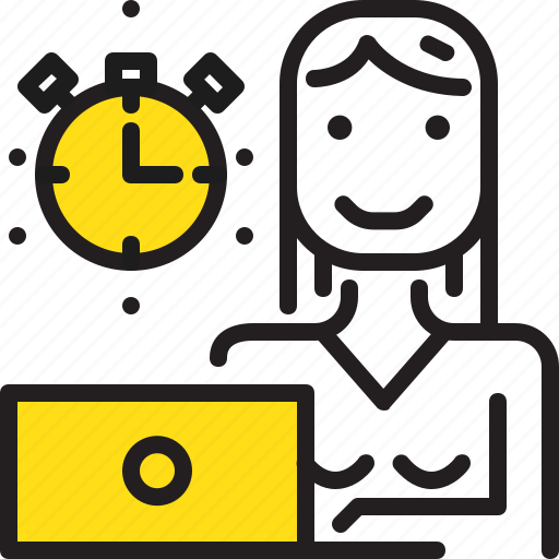 Computer, stopwatch, time, woman, worker, yellow icon - Download on Iconfinder
