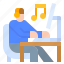 desk, headphone, listen, music, workspace 