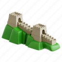 wall, china, great wall of china, 3d icon, 3d illustration, 3d render, fortification, world landmark, landmark 