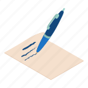 isometric, message, notebook, object, paper, pen, write 