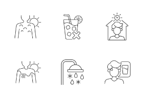Sunburn&sun stroke prevention icons. Linear. Outline